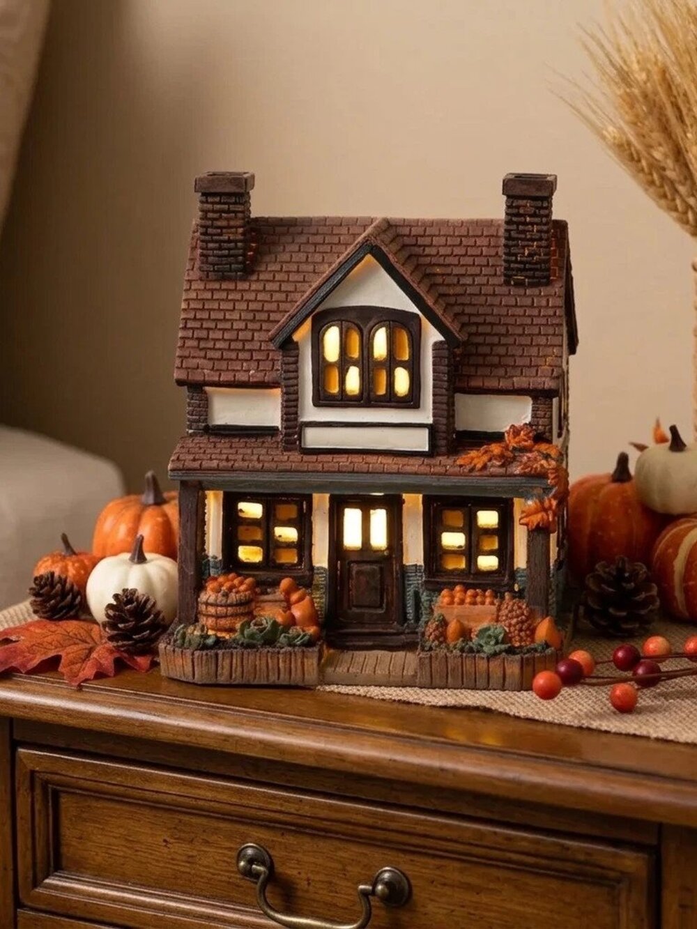 Lighted Fall Village House Resin Cottage Pumpkin Table Decoration Autumn Glow
